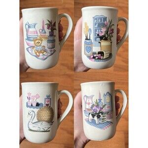Vintage 1980s Set of 4 Country Kitchen Ceramic Mugs Cottagecore in Original Box